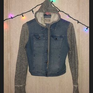 hooded denim jacket + knit gray sleeves